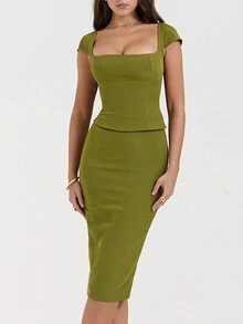 Square Neck Ruched Bust Top & Pencil Skirt - Green - View 4