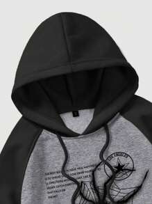 ROMWE MEN Academia Men Slogan Graphic Raglan Sleeve Drawstring Hoodie - Dark Grey - View 3
