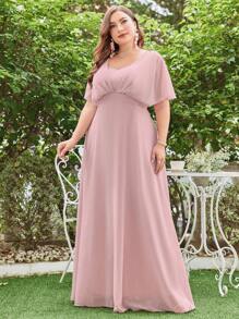 Plus Ruched Bust Butterfly Sleeve Chiffon Bridesmaid Dress - Dusty Pink - View 6