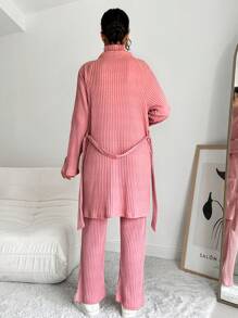 EURMUSE Dual Pocket Raglan Sleeve Belted Coat & Tee & Flare Leg Pants - Dusty Pink - View 2