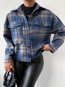 EURMUSE Women's Checked Woolen Coat With Turn-down Collar - Blue - View 2