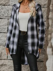 SHEIN LUNE 格紋印花拉鏈開襟連帽高低下擺外套 - 黑與白 - 查看 3