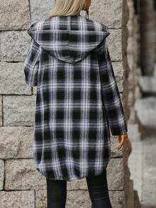 SHEIN LUNE 格紋印花拉鏈開襟連帽高低下擺外套 - 黑與白 - 查看 2