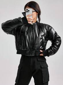 EURMUSE Women'S Solid Color Short Faux Leather Padded Jacket With Zipper - Black - View 4