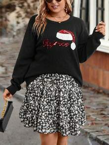 SHEIN LUNE Áo len chui đầu tay dáng rộng đính kim sa và họa tiết chữ cái, thích hợp cho mùa thu đông. - màu đen - Xem 3