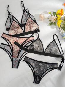 3sets Floral Print Mesh Lingerie Set - Multicolor - View 1