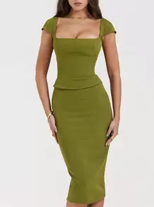 Square Neck Ruched Bust Top & Pencil Skirt - Green - View 1