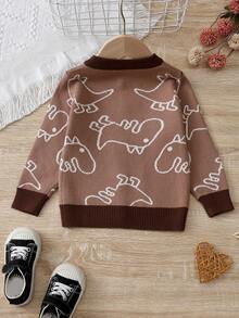 Baby Boy Dinosaur Pattern Contrast Trim Cardigan - Apricot - View 2