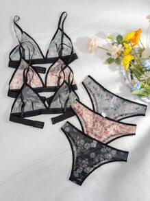 3sets Floral Print Mesh Lingerie Set - Multicolor - View 2