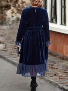 SHEIN Clasi Plus Flare Sleeve Ruffle Hem Velvet Dress Without Belt - Blue - View 2