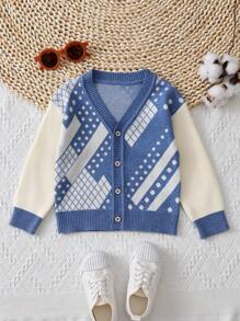Baby Boy Geo Pattern Button Up Cardigan - Blue - View 1