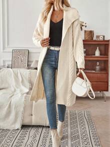 SHEIN LUNE Cárdigan largo de cuello cascada de hombros caídos con parte delantera abierta tejido de cable - Beis - Ver 1