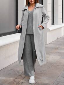 SHEIN Cottnline Solid Slant Pocket Zip Up Overcoat - Grey - View 1