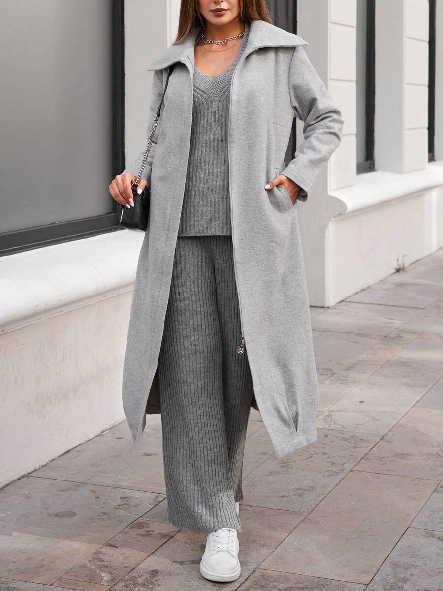 SHEIN Cottnline Solid Slant Pocket Zip Up Overcoat - Grey - View 1