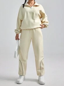 EURMUSE 2pcs Women's Colorblock Zip-Up Hoodie And Joggers Set - Beige - View 3