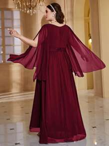 Modelyn Burgundy Red Plus Split Sleeve Chiffon Prom Dress - Burgundy - View 2