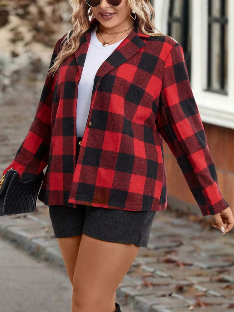 Plus Buffalo Plaid Print Lapel Neck Blazer