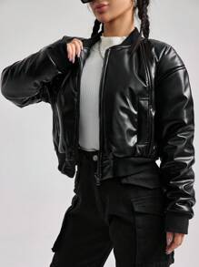 EURMUSE Women'S Solid Color Short Faux Leather Padded Jacket With Zipper - Black - View 3