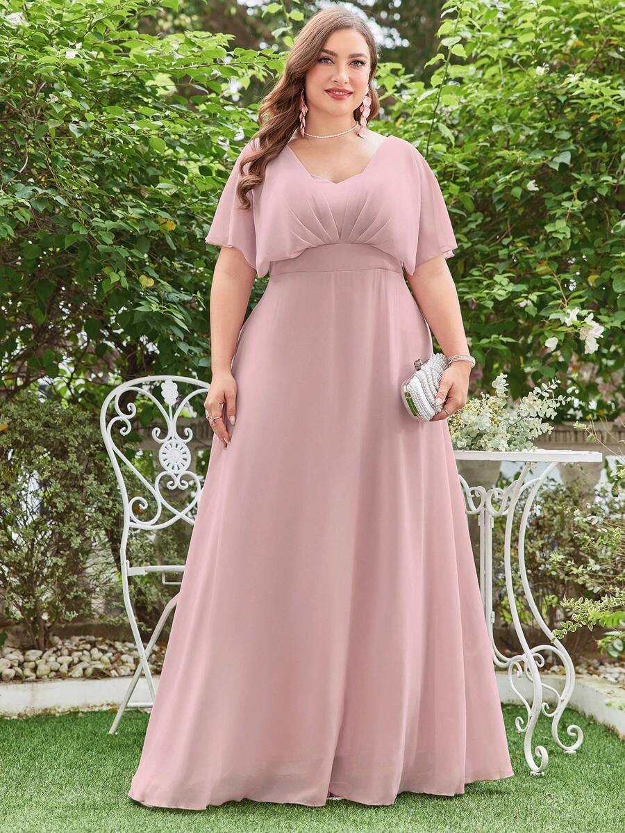 Plus Ruched Bust Butterfly Sleeve Chiffon Bridesmaid Dress