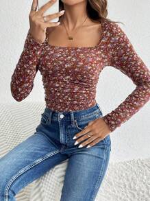 SHEIN Frenchy Ditsy Floral Print Square Neck Ruched Tee Casual - Multicolor - View 6