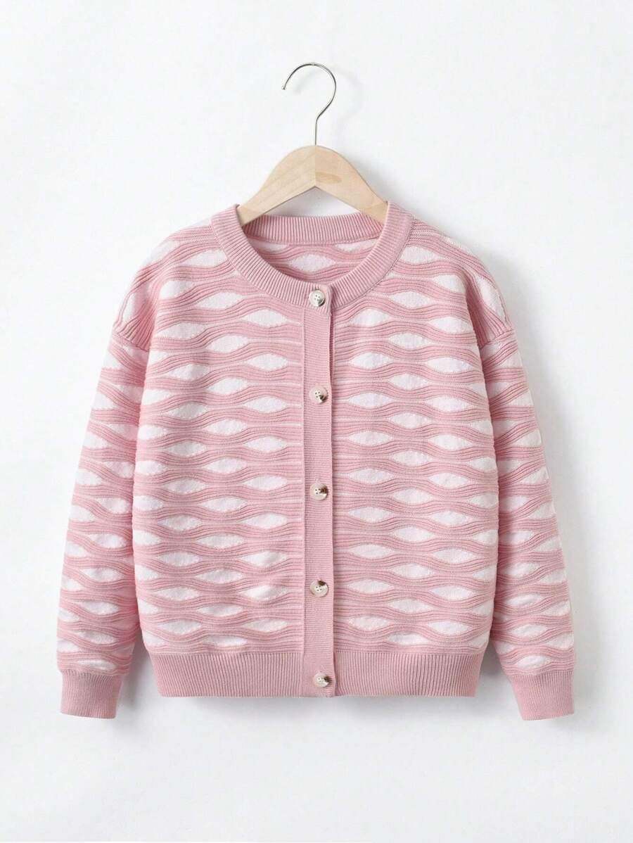 SHEIN Chica preadolescente Cárdigan con patrón con botón delantero - Rosa - Ver 1