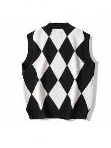Chaleco de punto con estampado de argyle para hombres, abrigador - Blanco y Negro - Ver 2