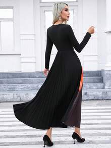 SHEIN Privé Khối màu Viền xếp Váy chữ A - màu đen - Xem 5