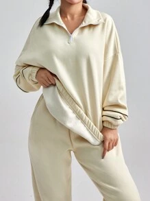 EURMUSE 2pcs Women's Colorblock Zip-Up Hoodie And Joggers Set - Beige - View 4