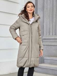 HaiLuoZi Abrigo acolchado con capucha y cremallera para invierno - Caqui - Ver 6