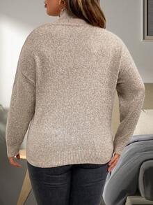 SHEIN CURVE+ Plus Mock Neck Drop Shoulder Sweater - Khaki - View 2