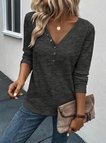 SHEIN LUNE 前紐扣雜色針織T恤 - 深灰色 - 查看 4