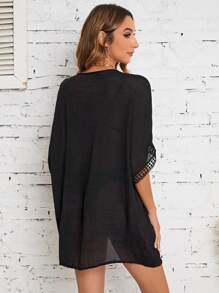 Swim Vcay Summer Beach Hollow Out Dolman Sleeve Open Front Kimono - Black - View 2