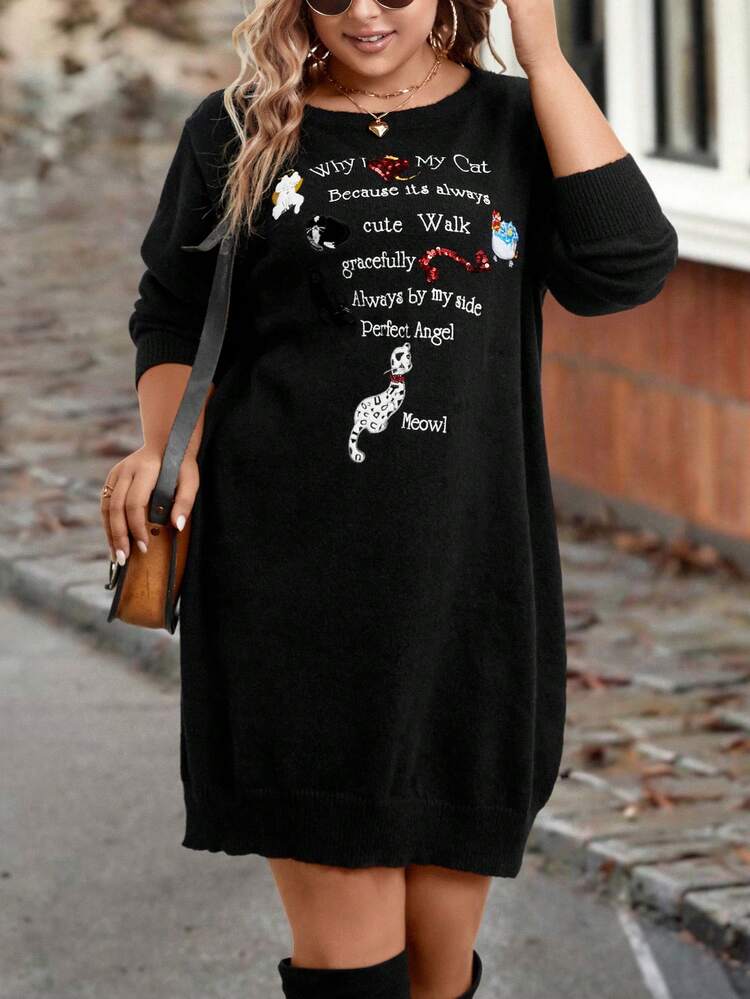 Plus Slogan & Cartoon Pattern Sequin Detail Sweater Knit Pullover Fall Winter Sweater