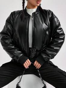 EURMUSE Women'S Solid Color Short Faux Leather Padded Jacket With Zipper - Black - View 6