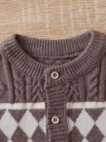 Baby Boy Argyle Pattern Cable Knit Cardigan - Khaki - View 3