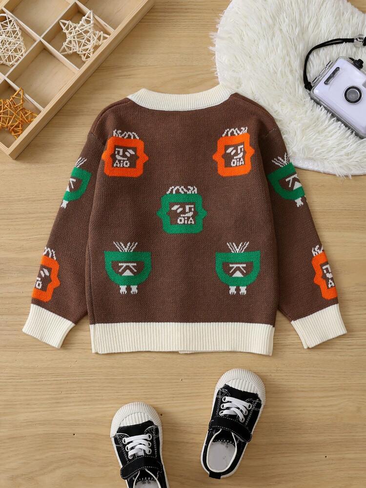Baby Boy Cartoon Pattern Contrast Trim Cardigan