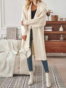 SHEIN LUNE Cárdigan largo de cuello cascada de hombros caídos con parte delantera abierta tejido de cable - Beis - Ver 3