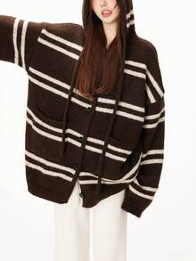 Mẫu sọc Thả vai Dây rút áo có mũ Áo len Mở - Cà phê nâu - Xem 4
