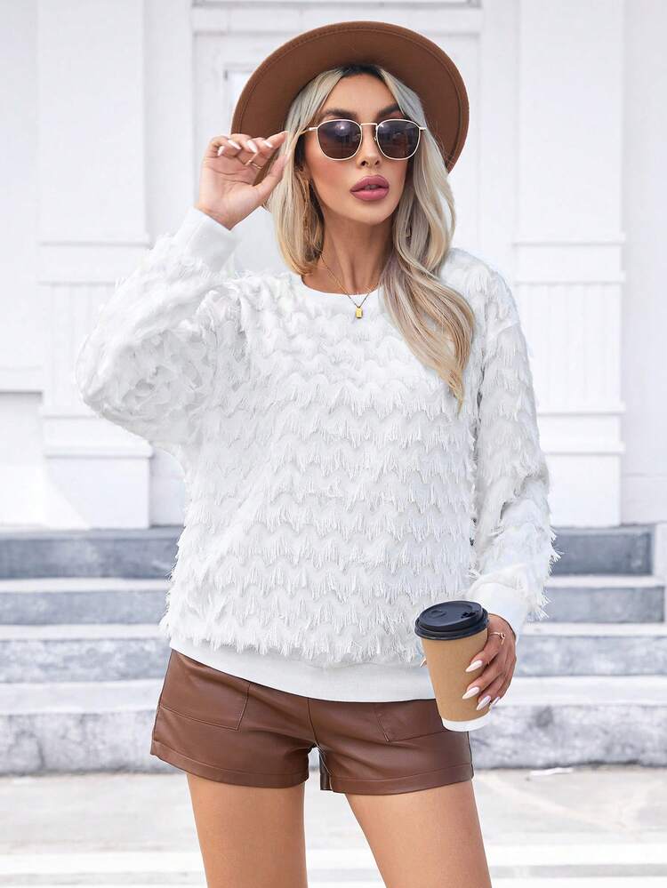 Solid Drop Shoulder Fuzzy Blouse