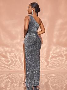One Shoulder Split Thigh Sequin Formal Dress