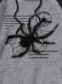 ROMWE MEN Academia Men Slogan Graphic Raglan Sleeve Drawstring Hoodie - Dark Grey - View 4