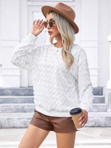 SHEIN Privé 素色落肩袖毛茸茸襯衫 - 米色 - 查看 4