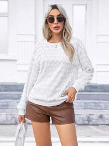 SHEIN Privé 素色落肩袖毛茸茸襯衫 - 米色 - 查看 1