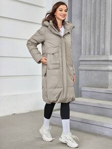 HaiLuoZi Abrigo acolchado con capucha y cremallera para invierno - Caqui - Ver 4