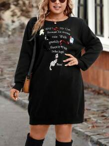 SHEIN LUNE 大碼標語和卡通圖案亮片細節套頭毛衣