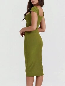Square Neck Ruched Bust Top & Pencil Skirt - Green - View 2