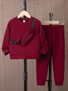 SHEIN Young Boy Solid Sweatshirt & Sweatpants - Burgundy - View 1