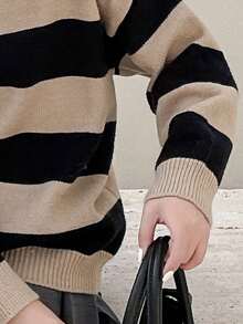 Sọc khối Thả vai Áo len Oversized - Lạc đà - Xem 4