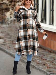 SHEIN LUNE 大碼格紋印花落肩袖翻蓋細節外套 - 彩色 - 查看 5