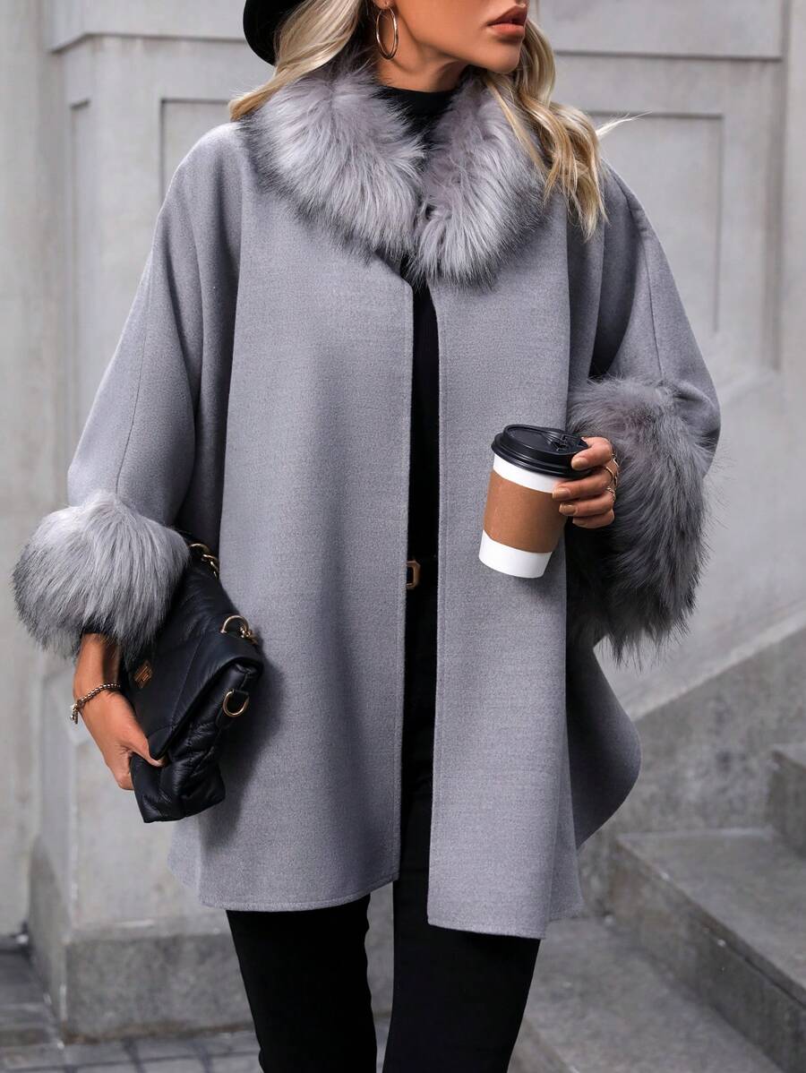 SHEIN Essnce Fuzzy Trim Batwing Sleeve Overcoat - Grey - View 1